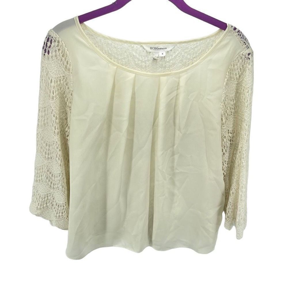 BCBGeneration Womens Lace Top Blouse 3/4 Sleeve Scoopneck Pleated Cream Small
